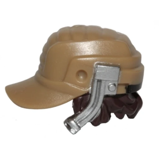 Деталь LEGO 27132pb01 Minifigure, Hair Combo, Hat with Hair, Cap with Flat Silver Headset and Dark Brown Hair Pattern (SW Jyn Erso) в цвете Тёмно-бежевый (Tan)